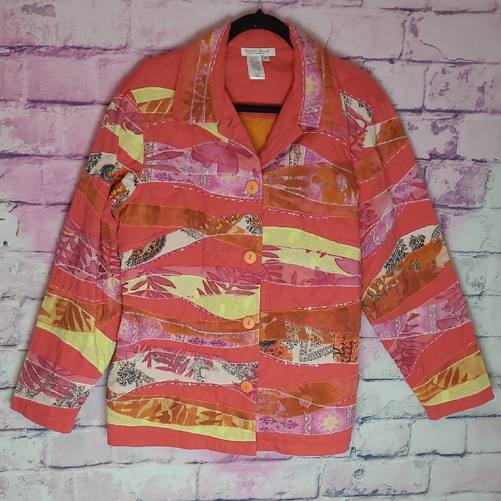 COLDWATER CREEK MESH COLORFUL ART TO WEAR BOHO LEAF NEON JACKET 1X